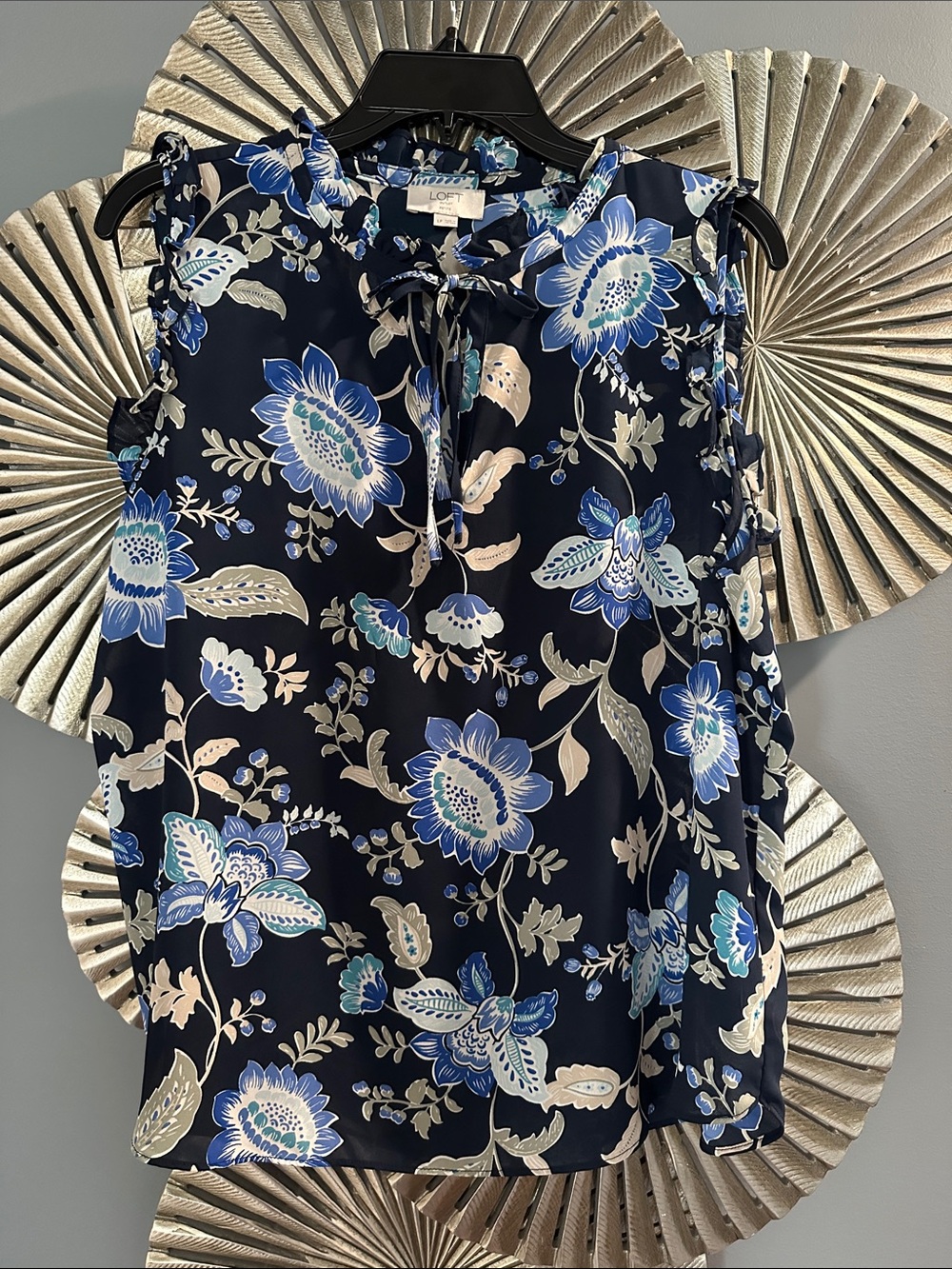 LOFT Navy Blue Floral Tie-Neck Blouse